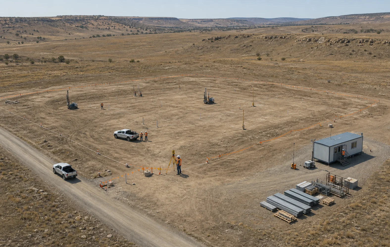 Conceptual oblique view of a surveyed dry-site advanced-reactor project, showing a defined boundary and site-characterization activity.
